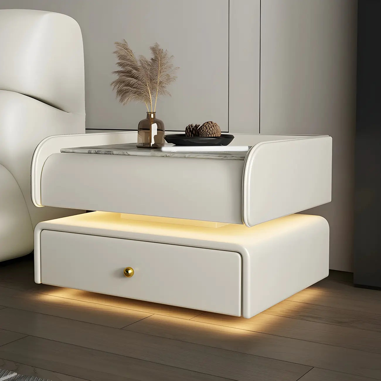 Black LED Marble Top Drawer Storage Nightstand