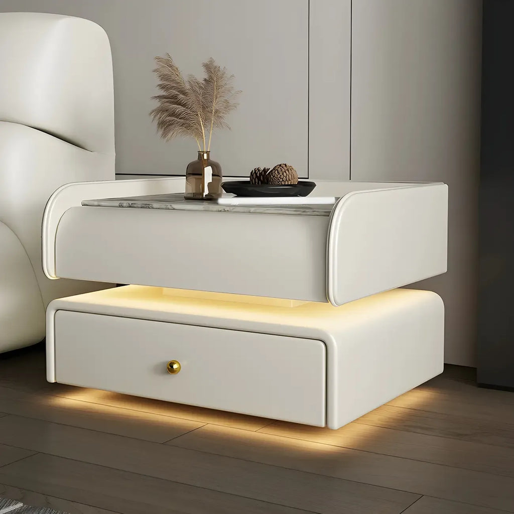 Black LED Marble Top Drawer Storage Nightstand