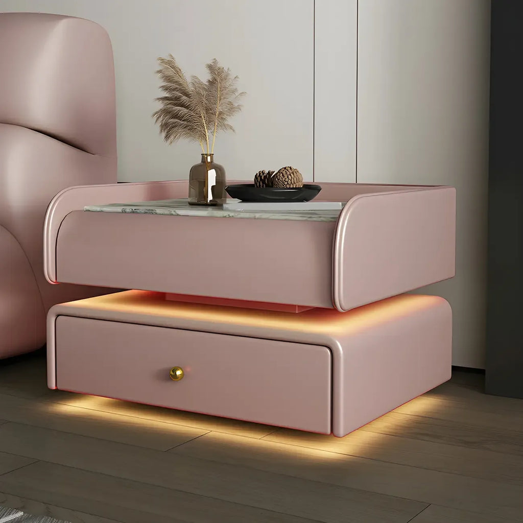 Black LED Marble Top Drawer Storage Nightstand