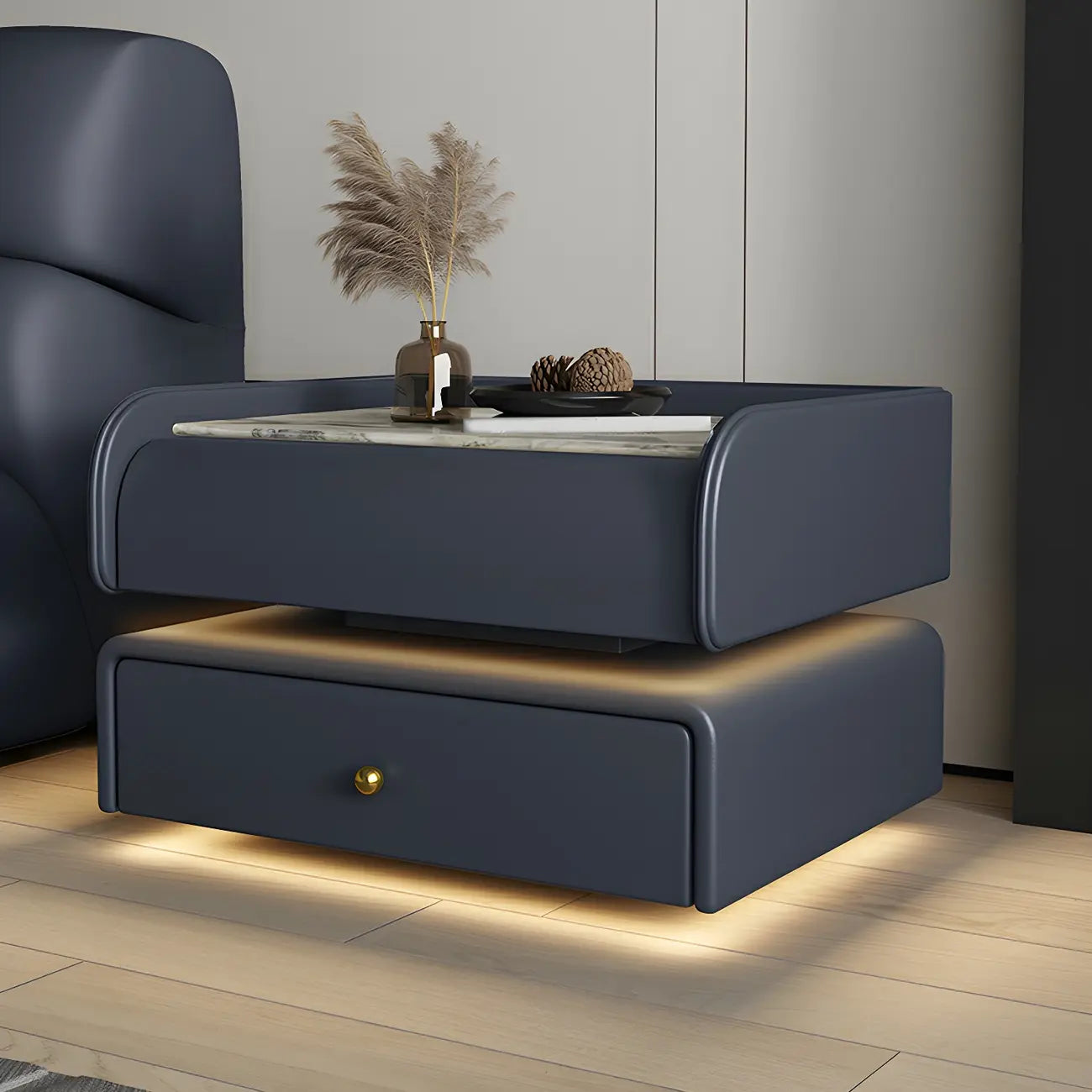 Black LED Marble Top Drawer Storage Nightstand