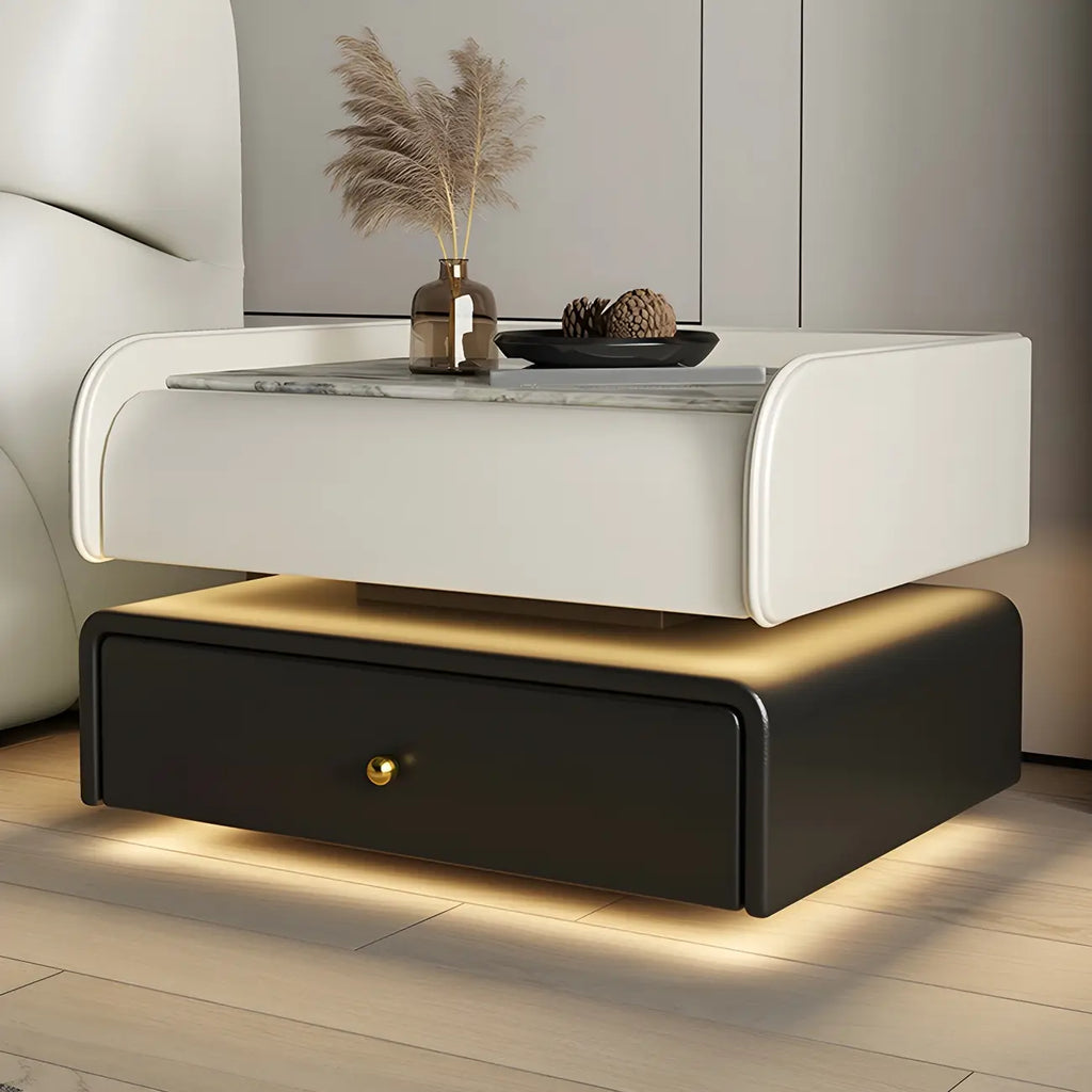 Black LED Marble Top Drawer Storage Nightstand