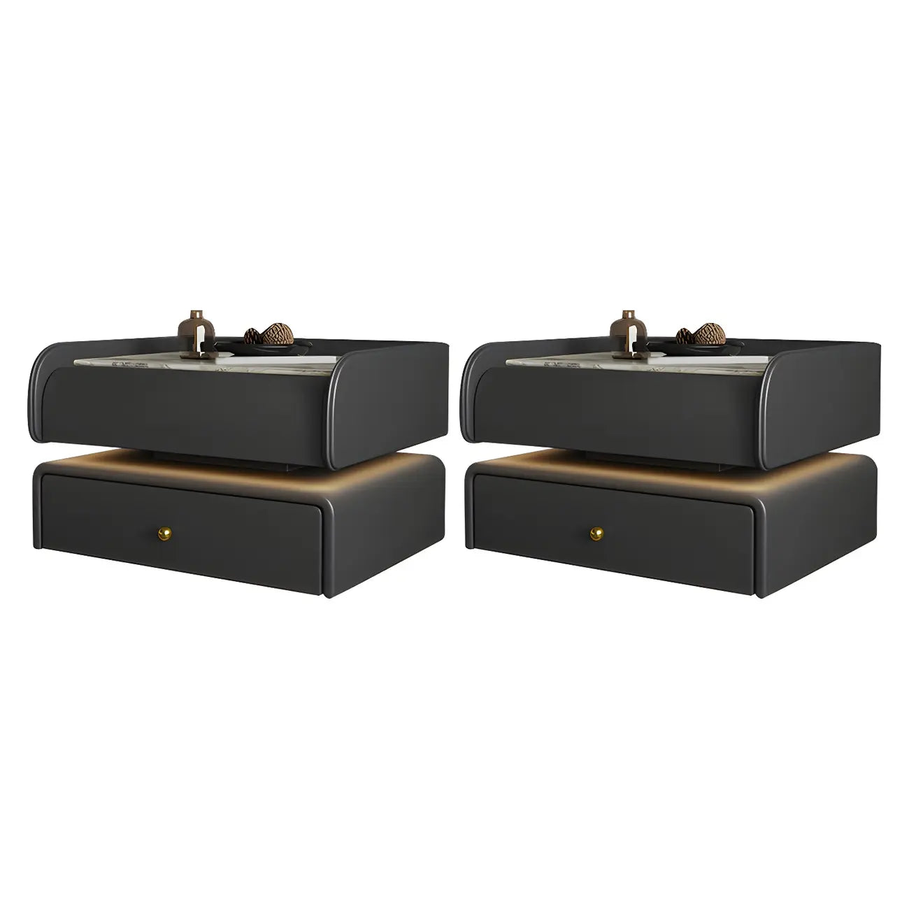 Black LED Marble Top Drawer Storage Nightstand