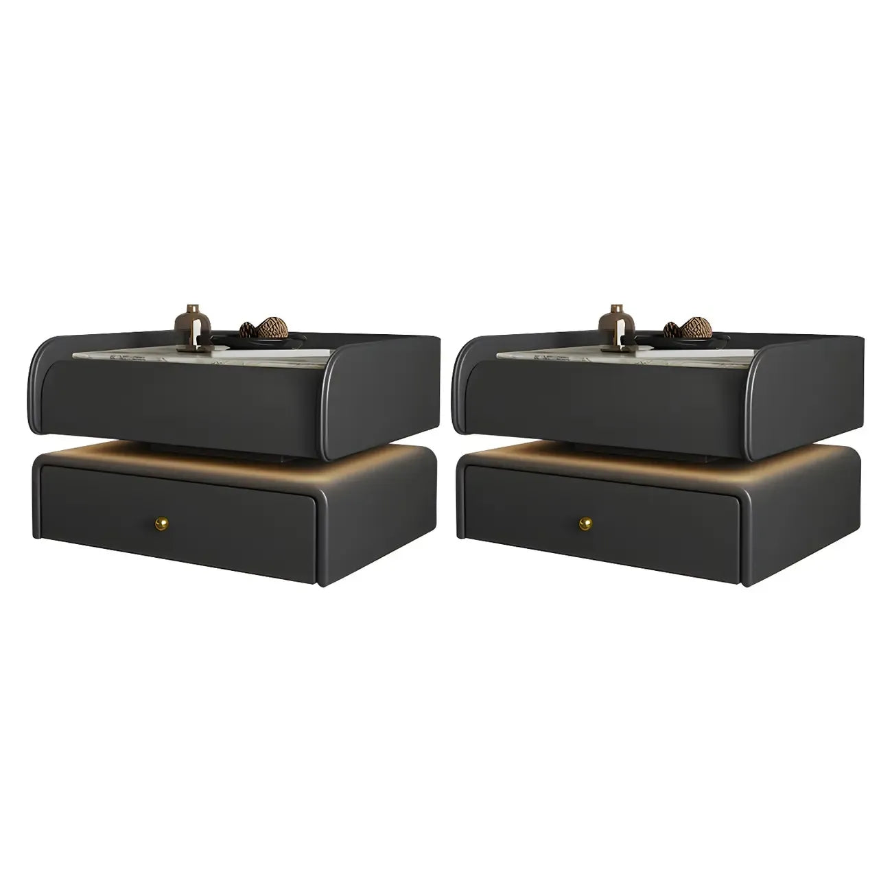 Black LED Marble Top Drawer Storage Nightstand