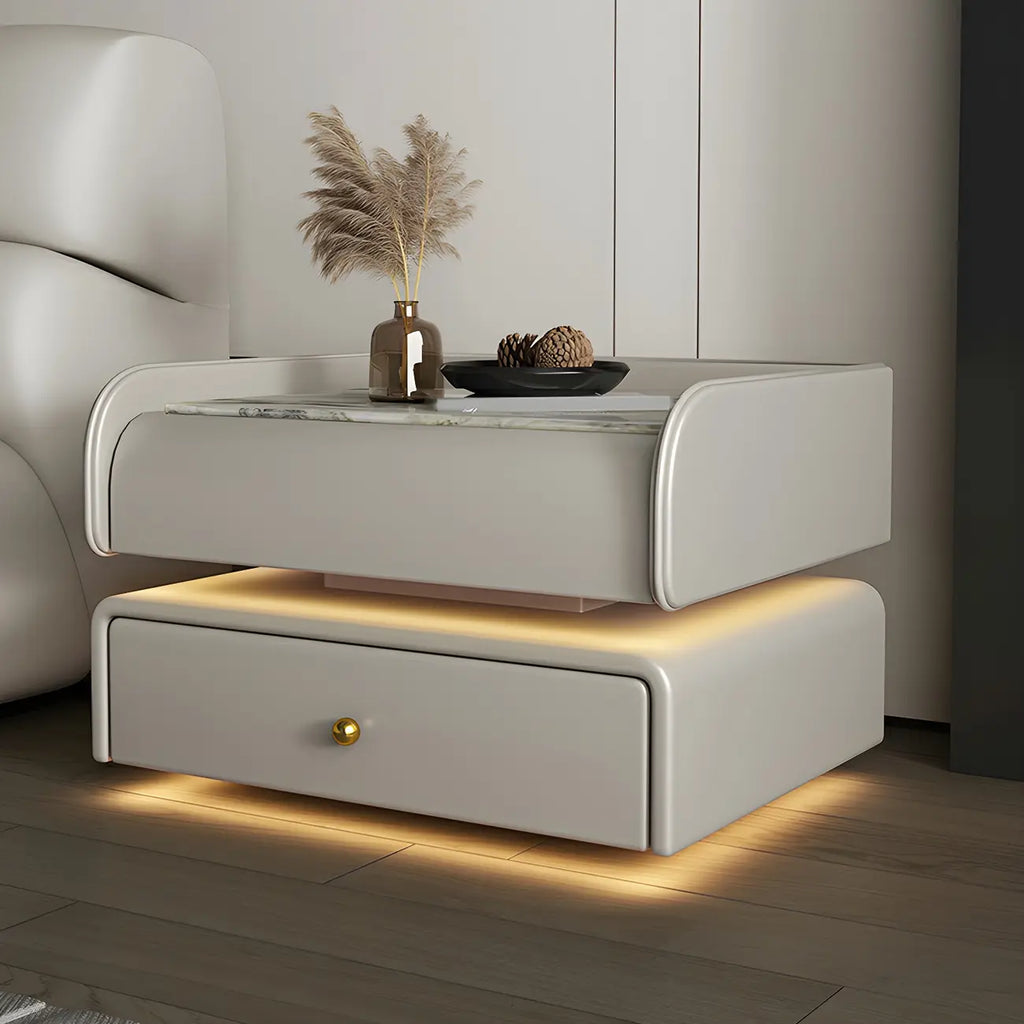 Black LED Marble Top Drawer Storage Nightstand