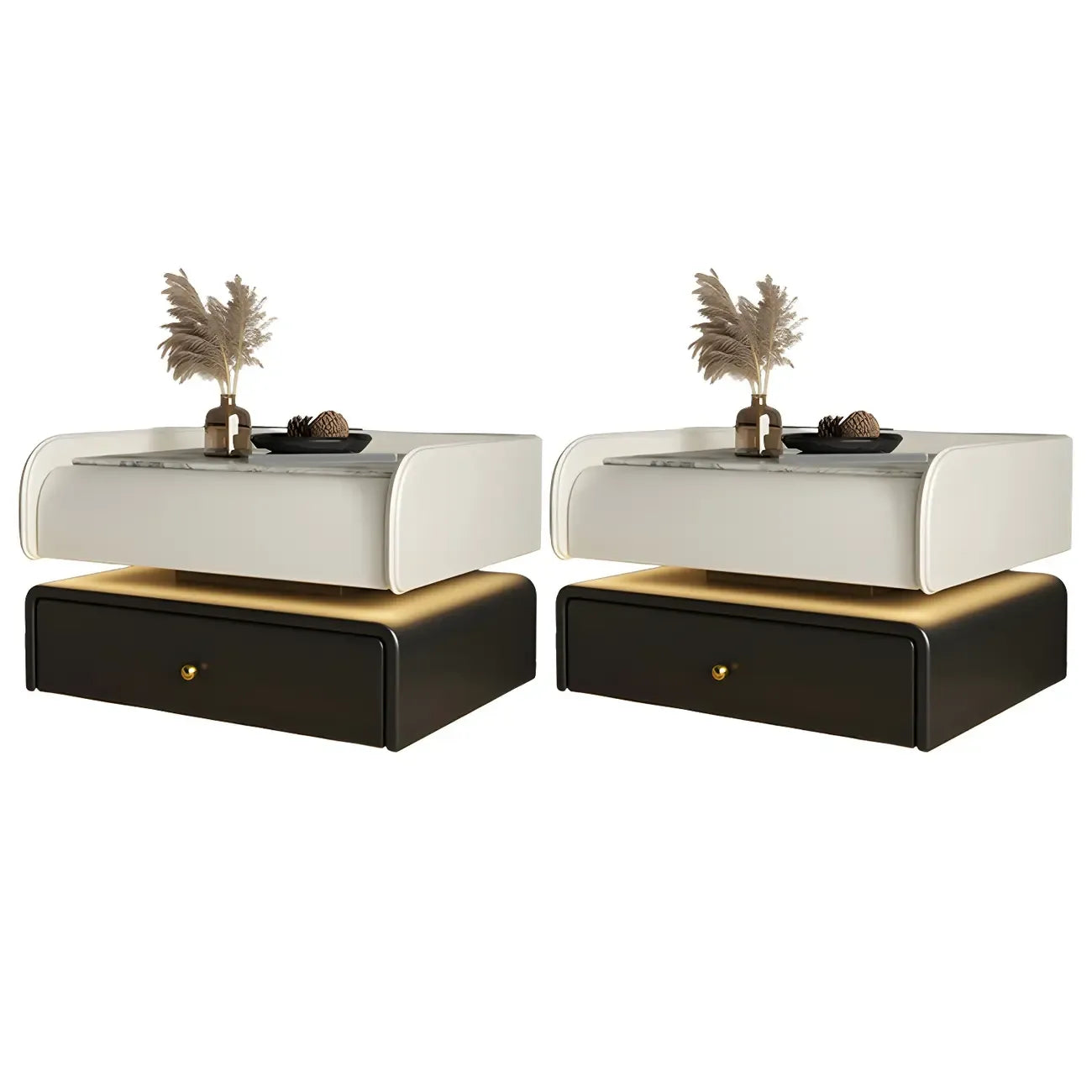 Black LED Marble Top Drawer Storage Nightstand