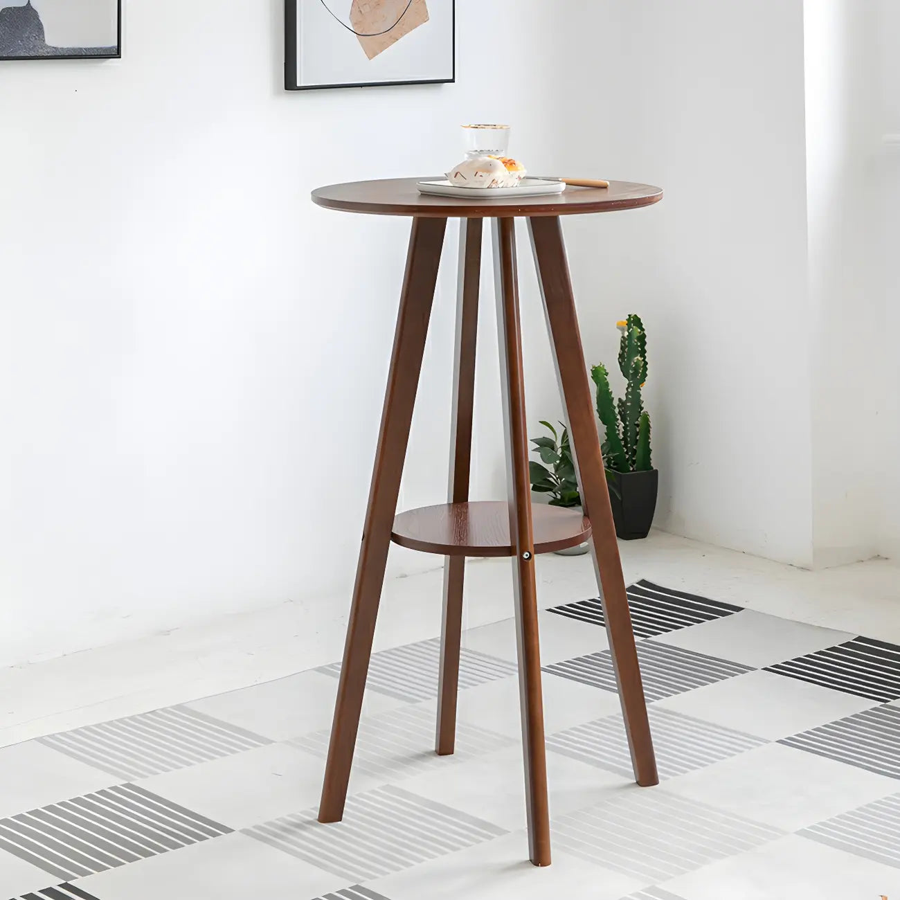 Minimalist Round 2-tier Bar Height Small Wooden Bar Table