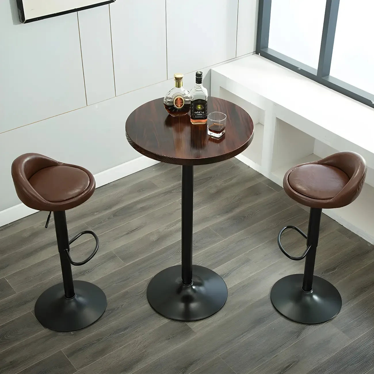 Minimalist Pedestal Wood Metal Round Bar Height Table