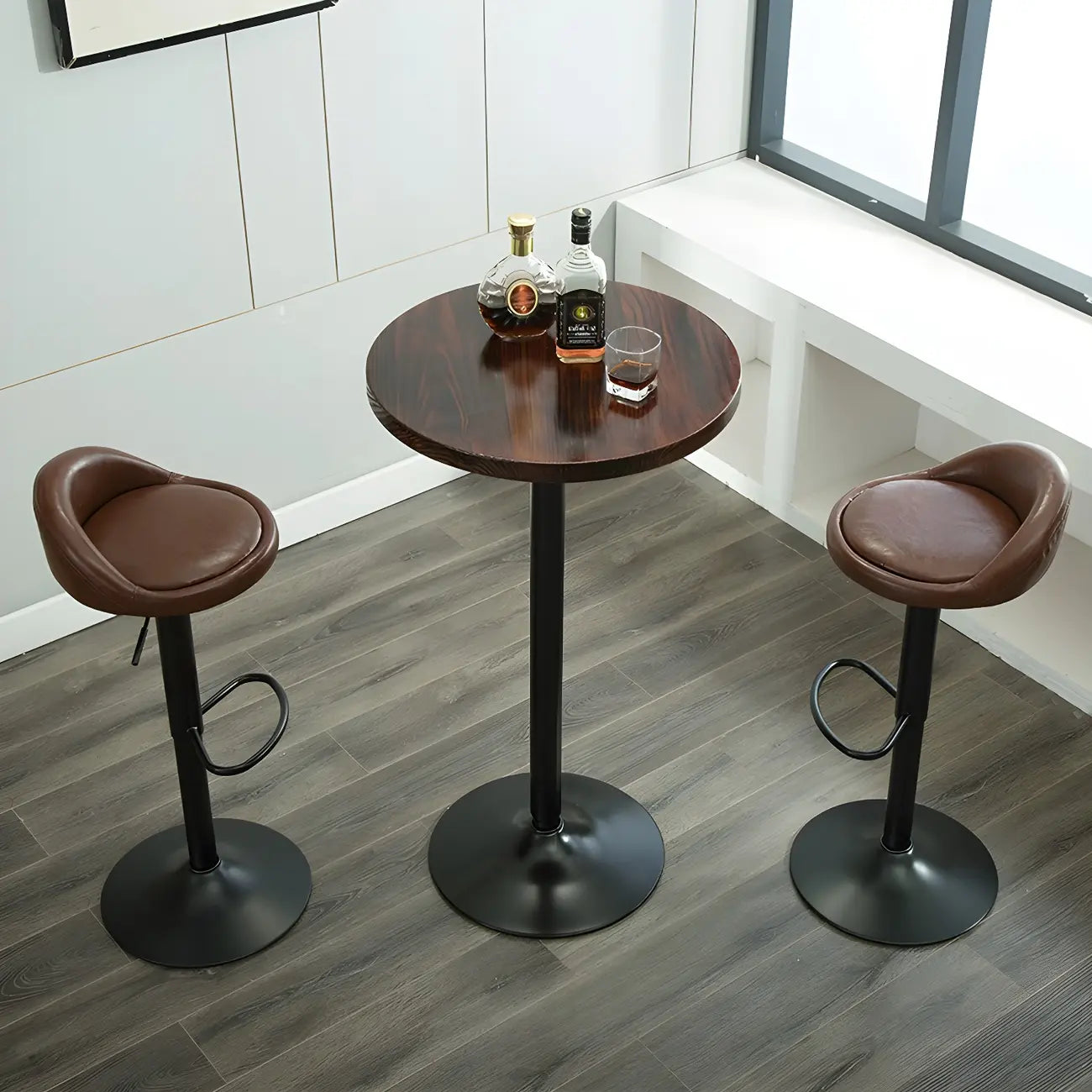 Minimalist Pedestal Wood Metal Round Bar Height Table
