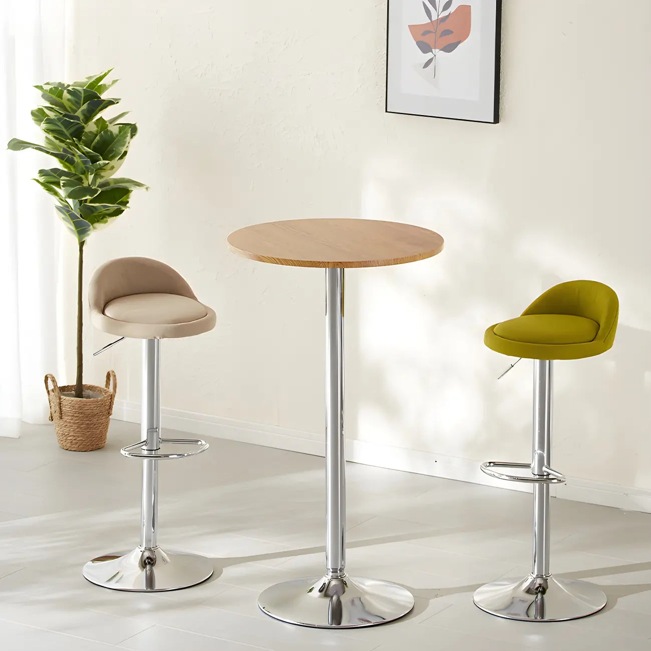 Minimalist Pedestal Wood Metal Round Bar Height Table