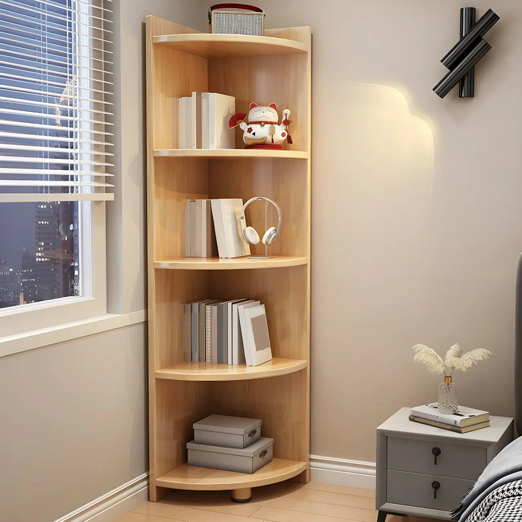 Contemporary Space-Saving Wood Walnut Corner Bookcase