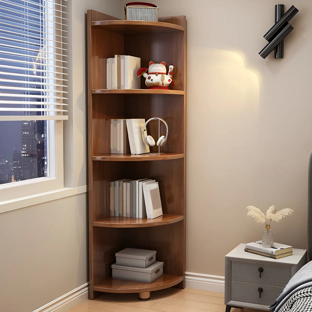 Contemporary Space-Saving Wood Walnut Corner Bookcase