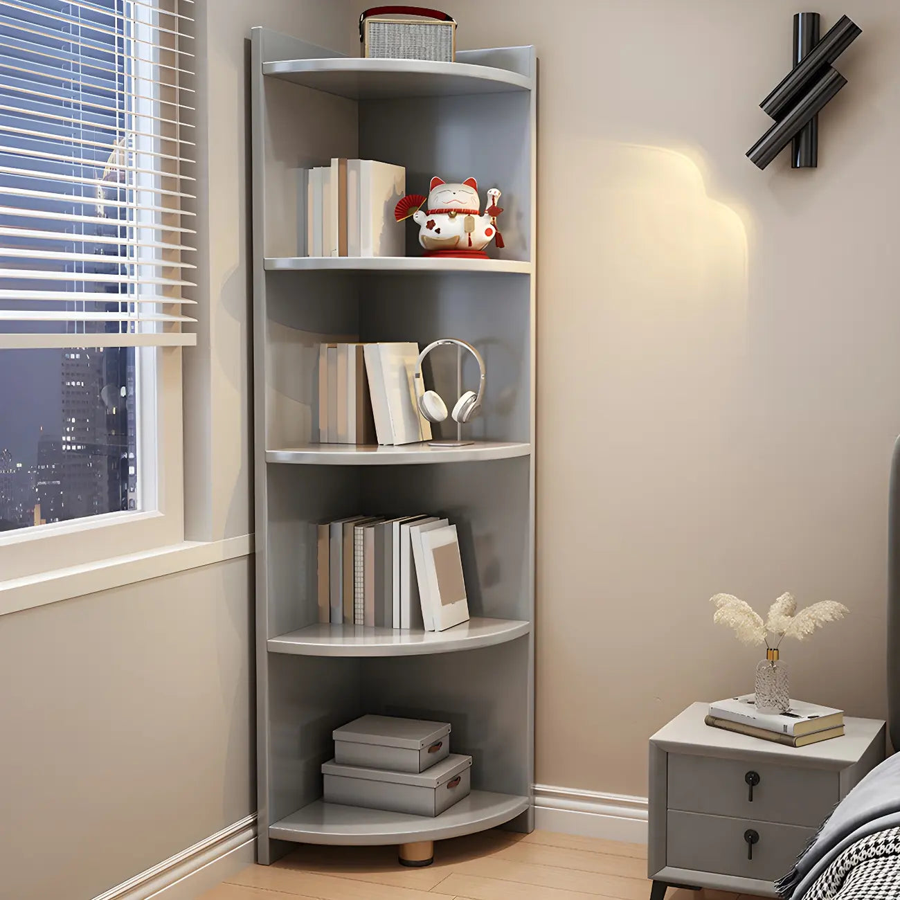 Contemporary Space-Saving Wood Walnut Corner Bookcase