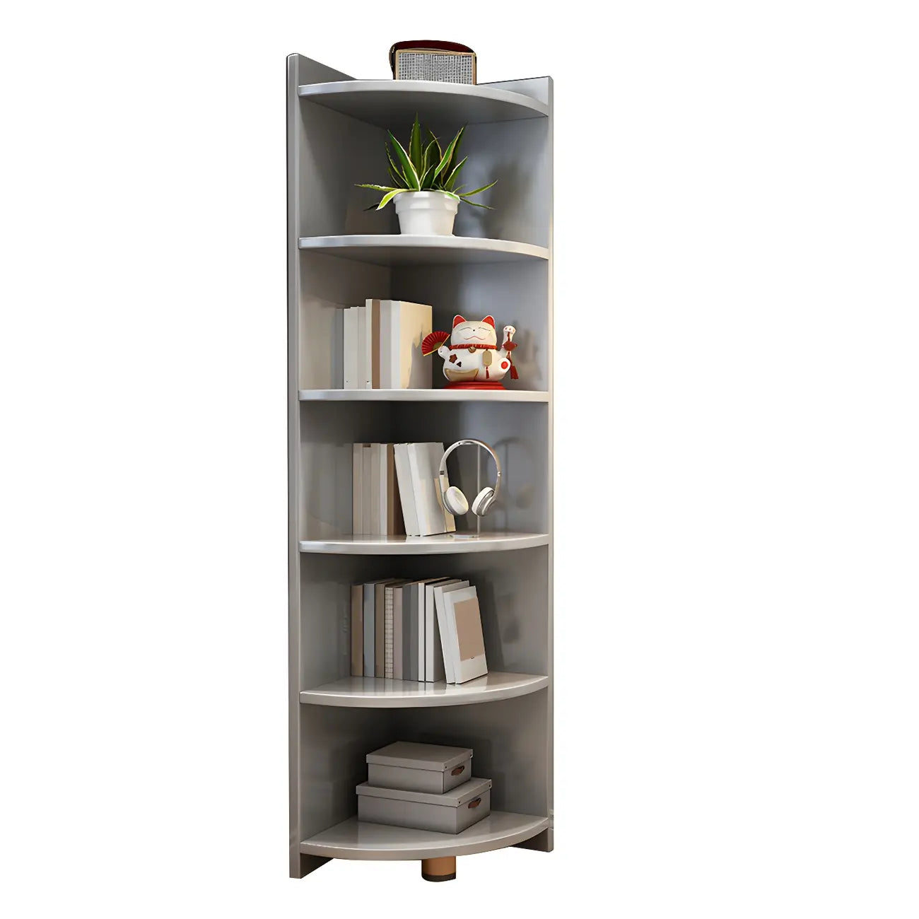 Contemporary Space-Saving Wood Walnut Corner Bookcase