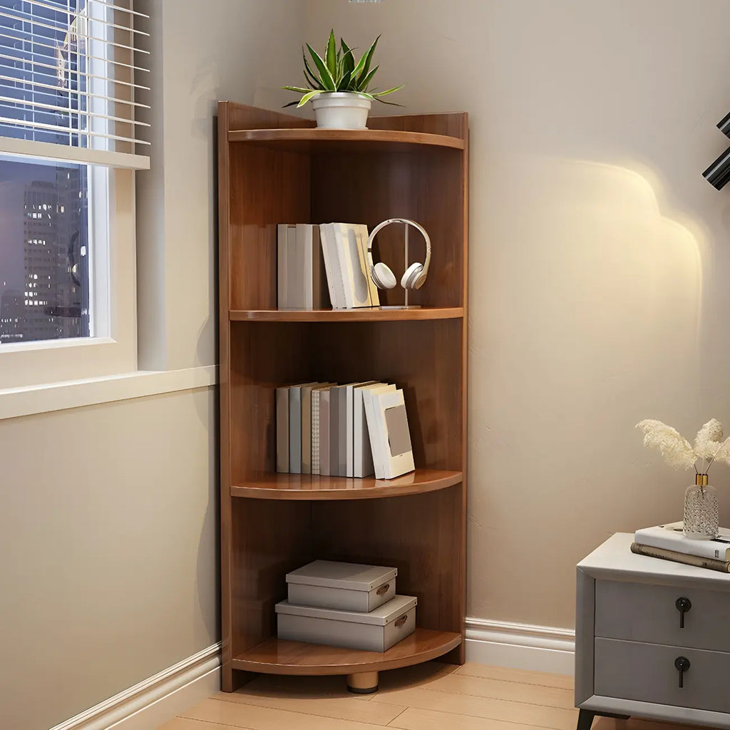 Contemporary Space-Saving Wood Walnut Corner Bookcase