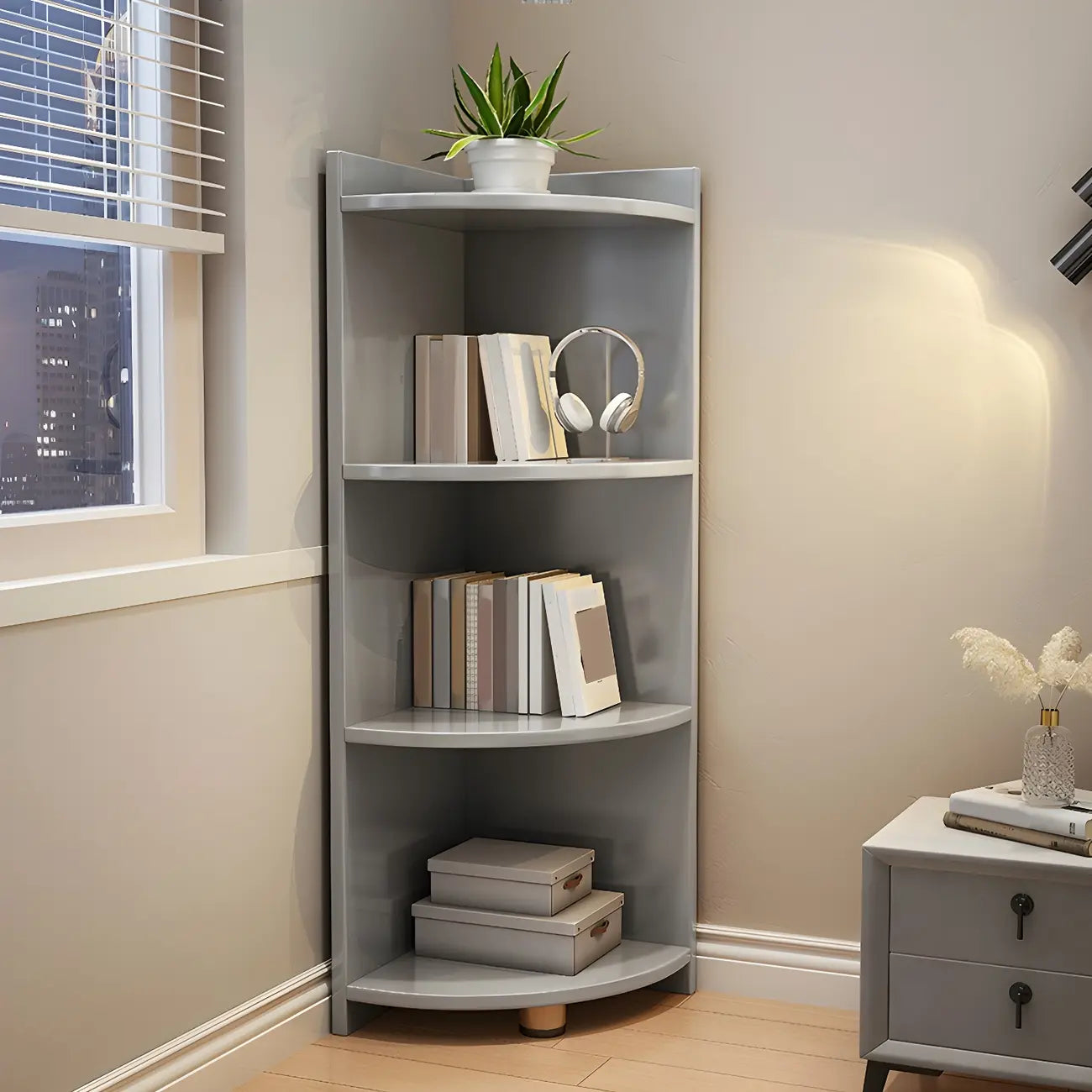 Contemporary Space-Saving Wood Walnut Corner Bookcase