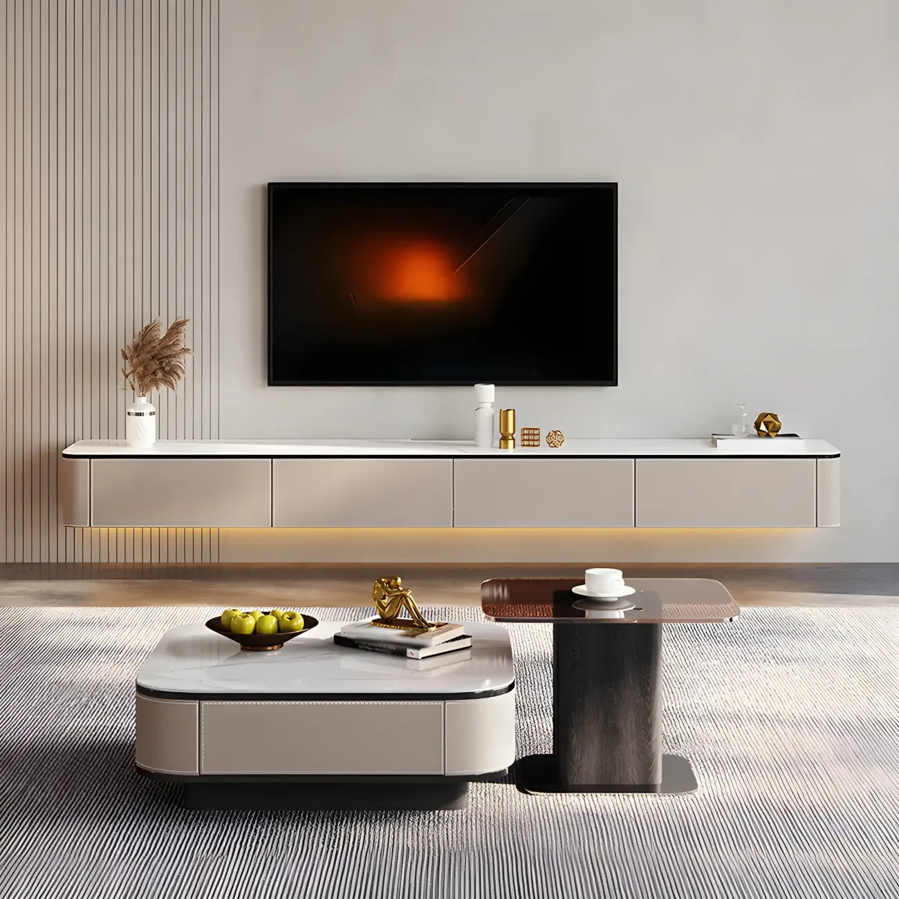 79 4-Drawer White Stone Floating Cable Management TV Stand