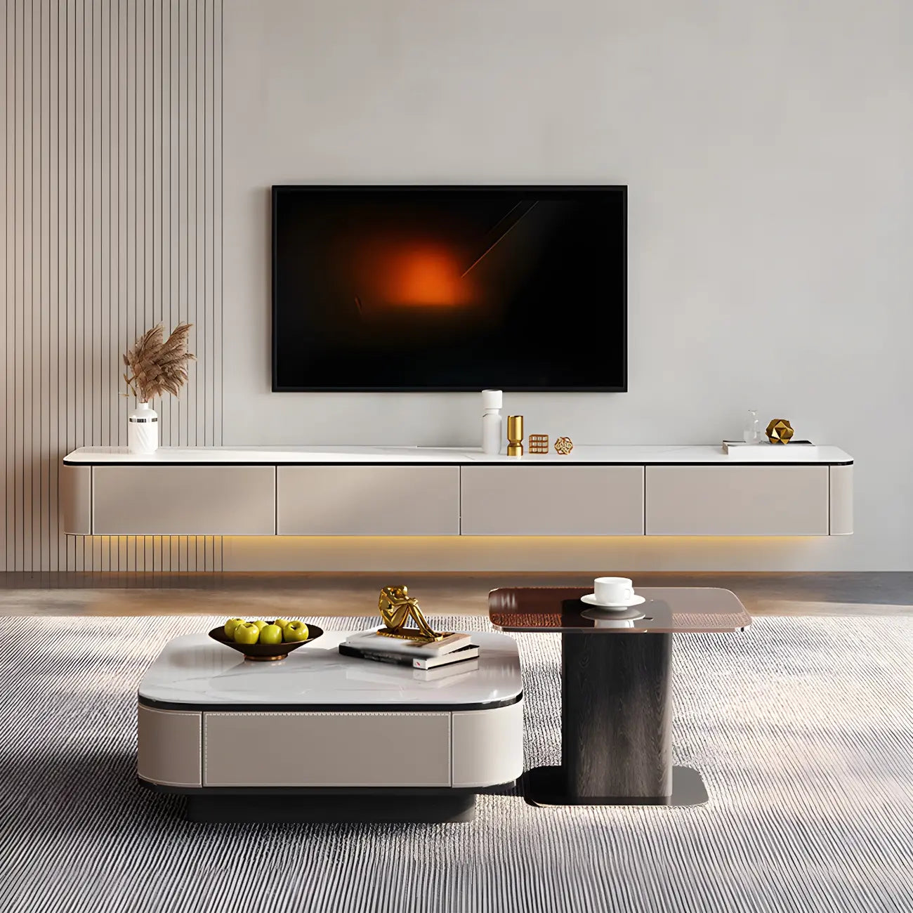 79 4-Drawer White Stone Floating Cable Management TV Stand