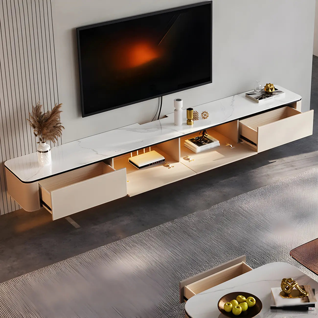 79 4-Drawer White Stone Floating Cable Management TV Stand