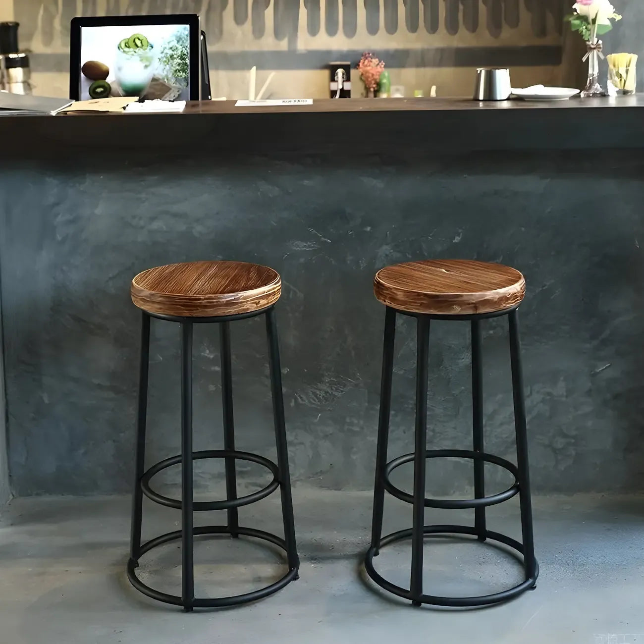 Backless Industrial Round Wooden Bar Stools