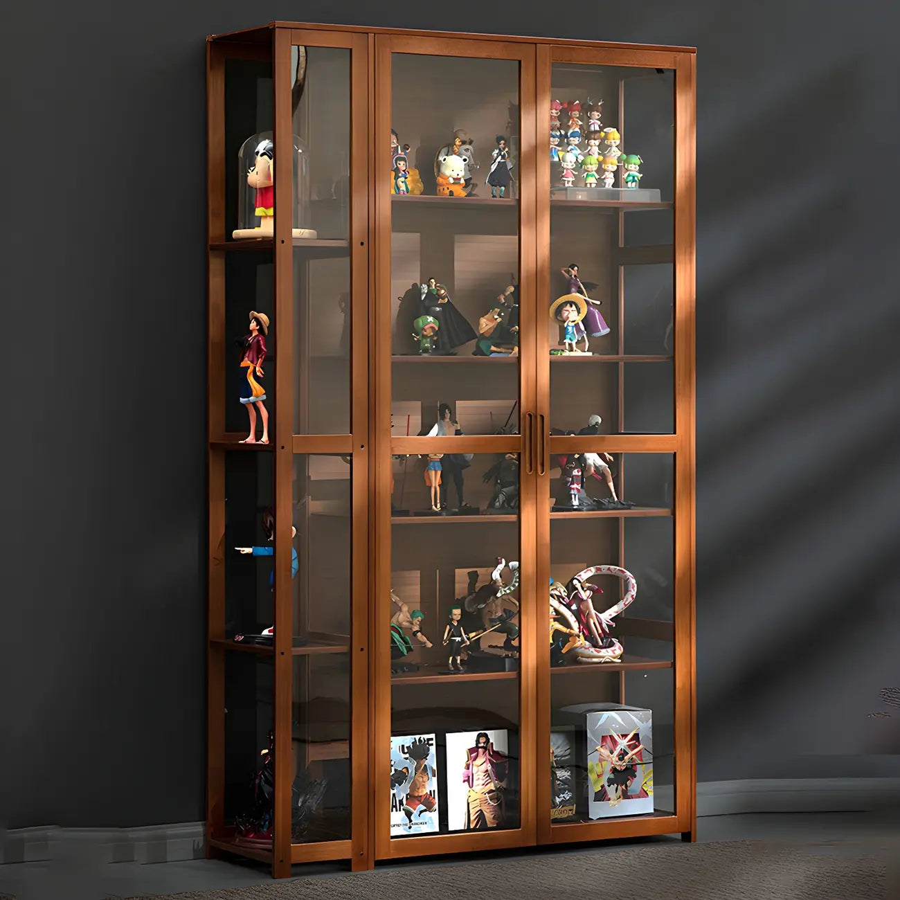 7 Shelves Tan Bamboo Glass Open Storage Display Cabinet