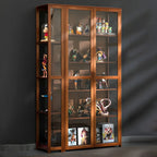 7 Shelves Tan Bamboo Glass Open Storage Display Cabinet