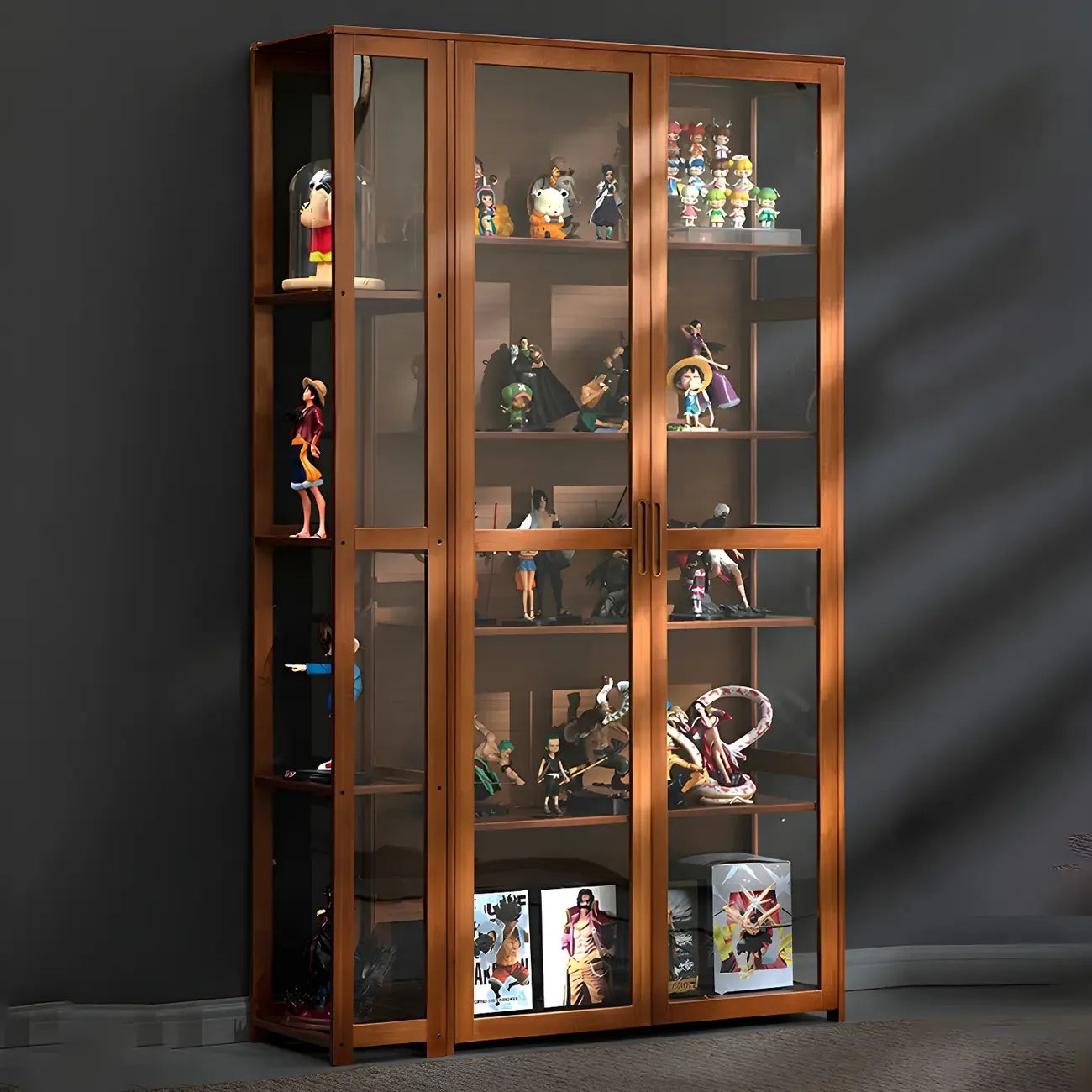7 Shelves Tan Bamboo Glass Open Storage Display Cabinet