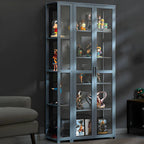 7 Shelves Tan Bamboo Glass Open Storage Display Cabinet