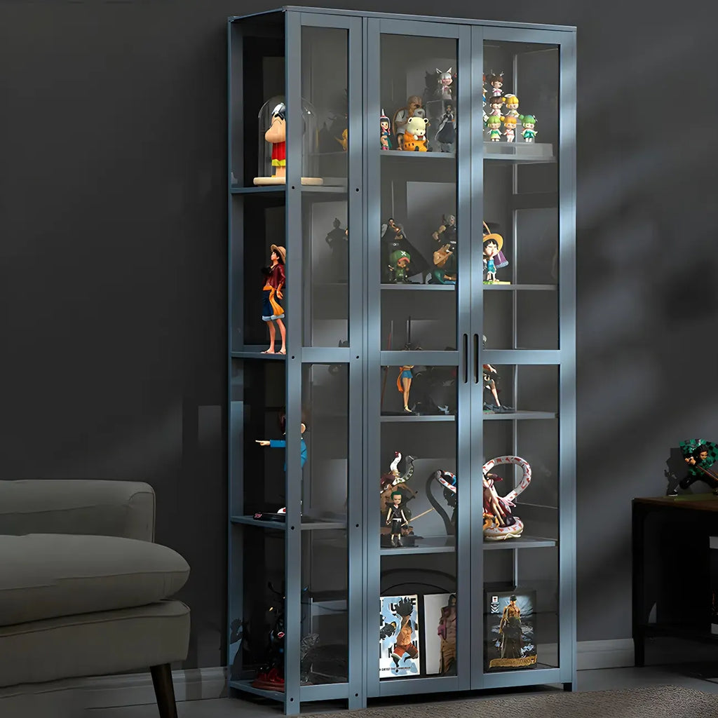 7 Shelves Tan Bamboo Glass Open Storage Display Cabinet