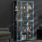 7 Shelves Tan Bamboo Glass Open Storage Display Cabinet