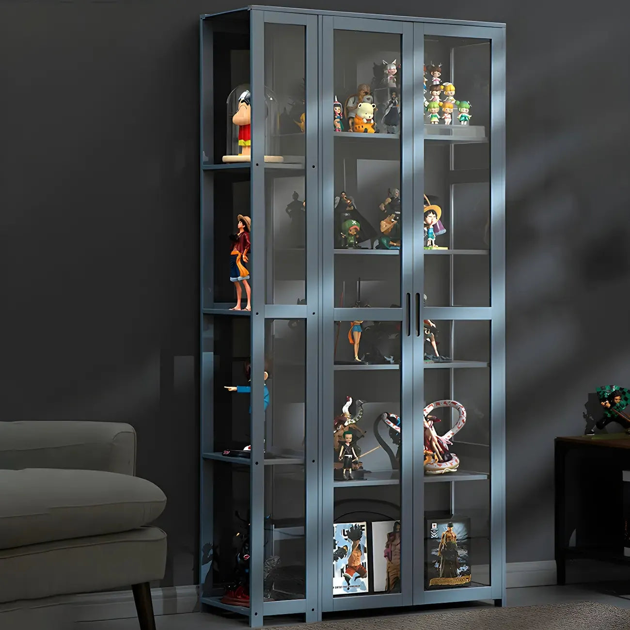 7 Shelves Tan Bamboo Glass Open Storage Display Cabinet