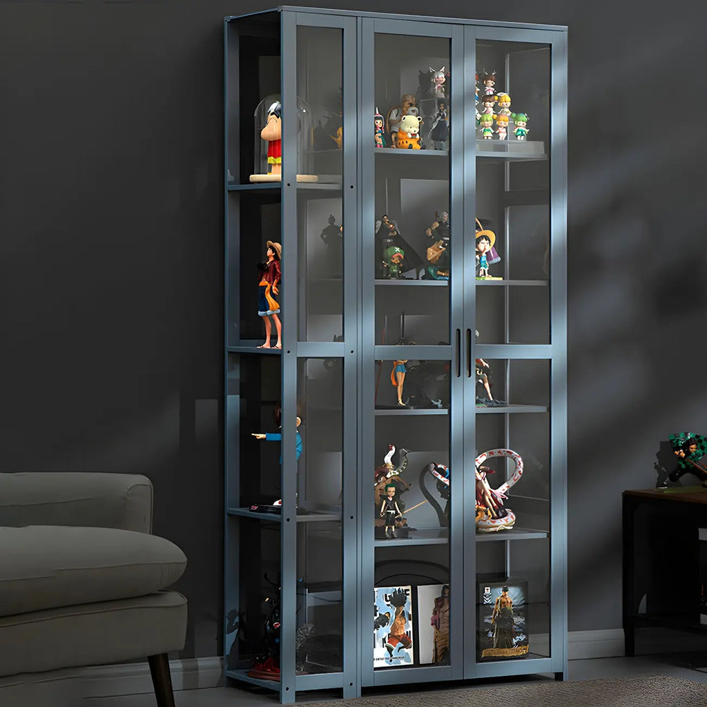 7 Shelves Tan Bamboo Glass Open Storage Display Cabinet
