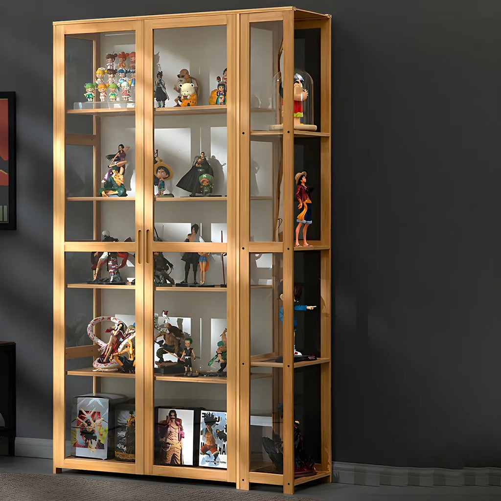 7 Shelves Tan Bamboo Glass Open Storage Display Cabinet