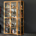 7 Shelves Tan Bamboo Glass Open Storage Display Cabinet