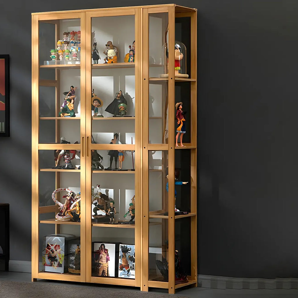 7 Shelves Tan Bamboo Glass Open Storage Display Cabinet