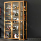 7 Shelves Tan Bamboo Glass Open Storage Display Cabinet