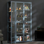 7 Shelves Tan Bamboo Glass Open Storage Display Cabinet