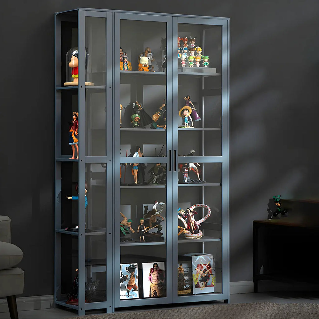 7 Shelves Tan Bamboo Glass Open Storage Display Cabinet