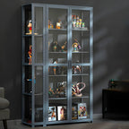 7 Shelves Tan Bamboo Glass Open Storage Display Cabinet