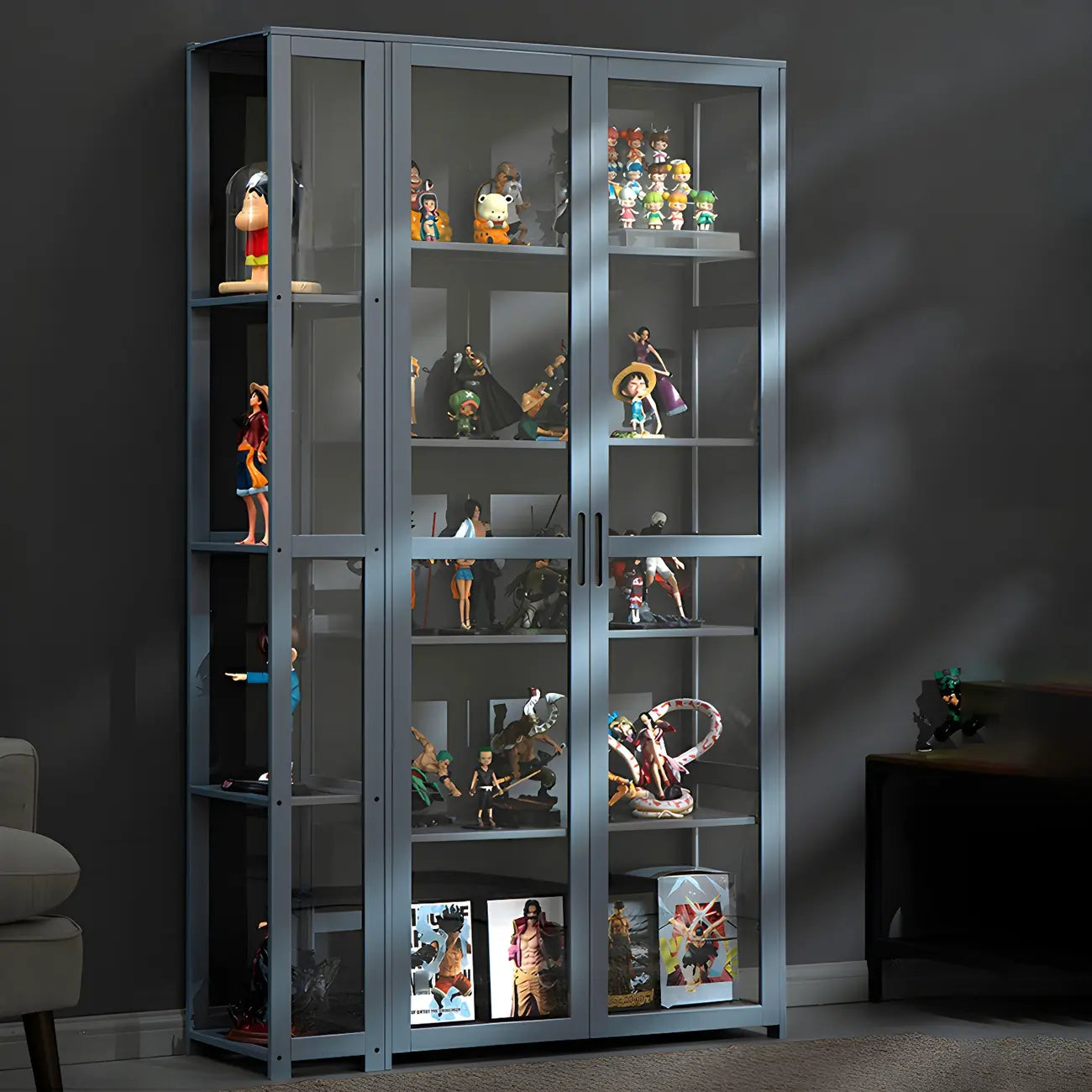 7 Shelves Tan Bamboo Glass Open Storage Display Cabinet