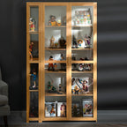 7 Shelves Tan Bamboo Glass Open Storage Display Cabinet