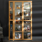 7 Shelves Tan Bamboo Glass Open Storage Display Cabinet