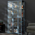 7 Shelves Tan Bamboo Glass Open Storage Display Cabinet