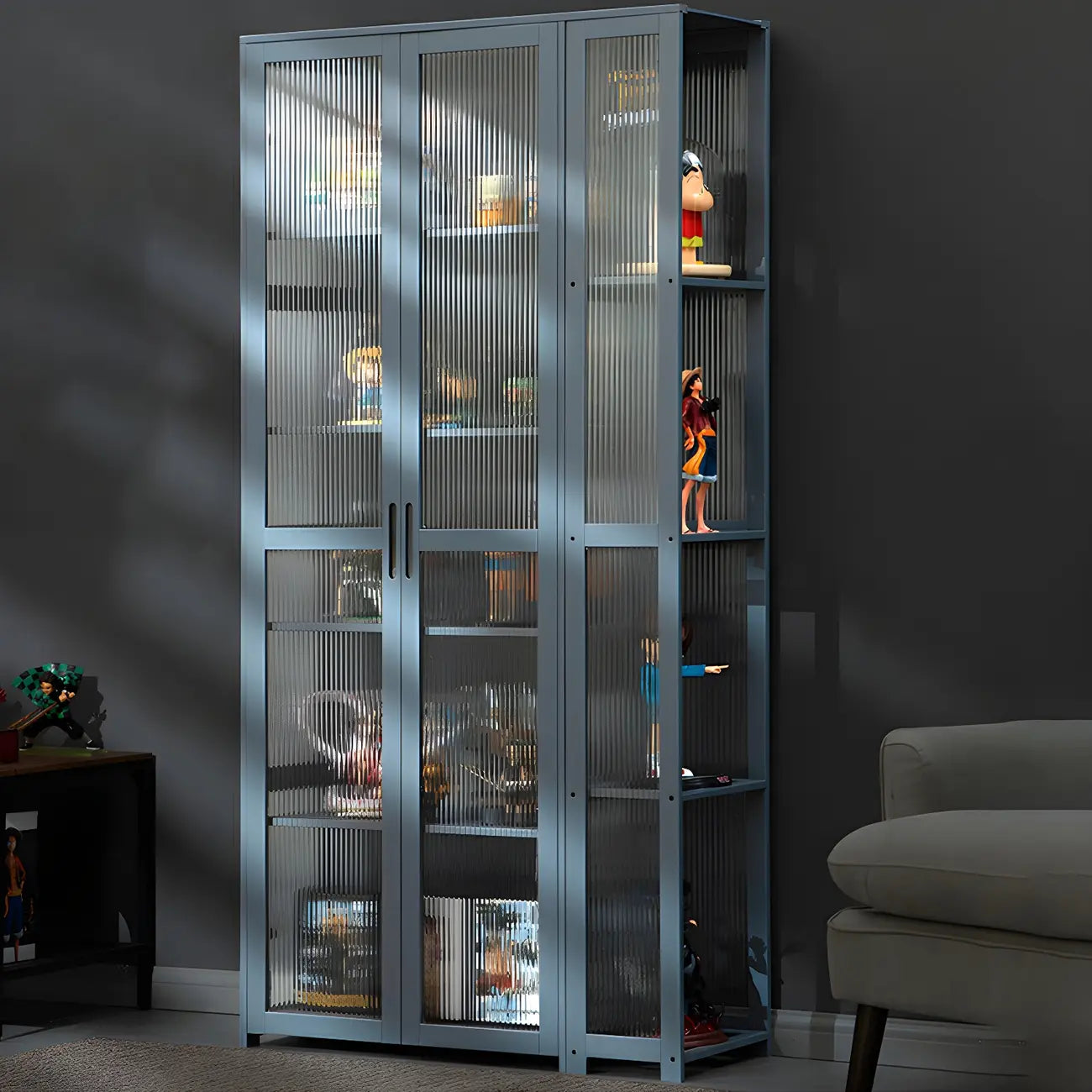 7 Shelves Tan Bamboo Glass Open Storage Display Cabinet