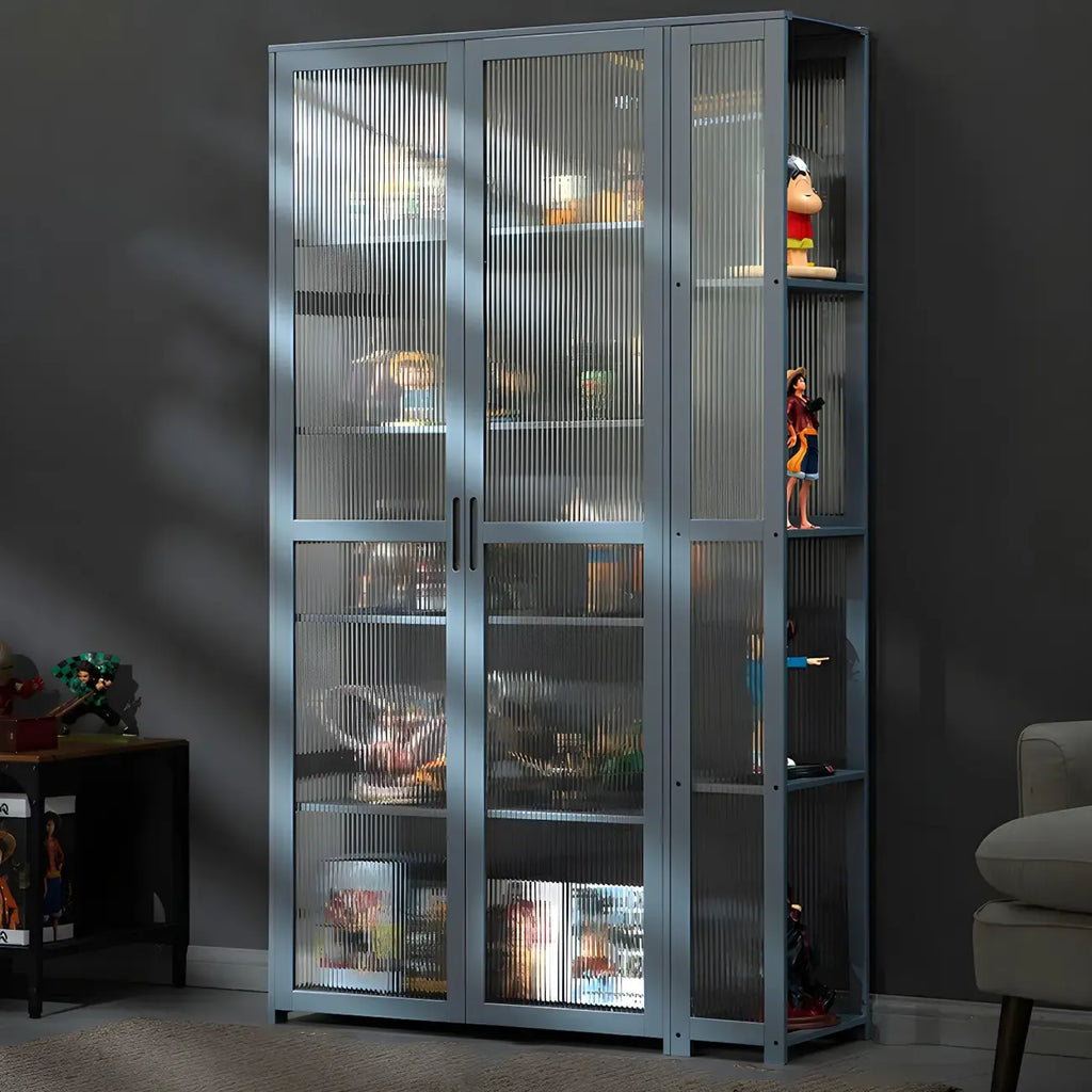 7 Shelves Tan Bamboo Glass Open Storage Display Cabinet