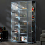 7 Shelves Tan Bamboo Glass Open Storage Display Cabinet