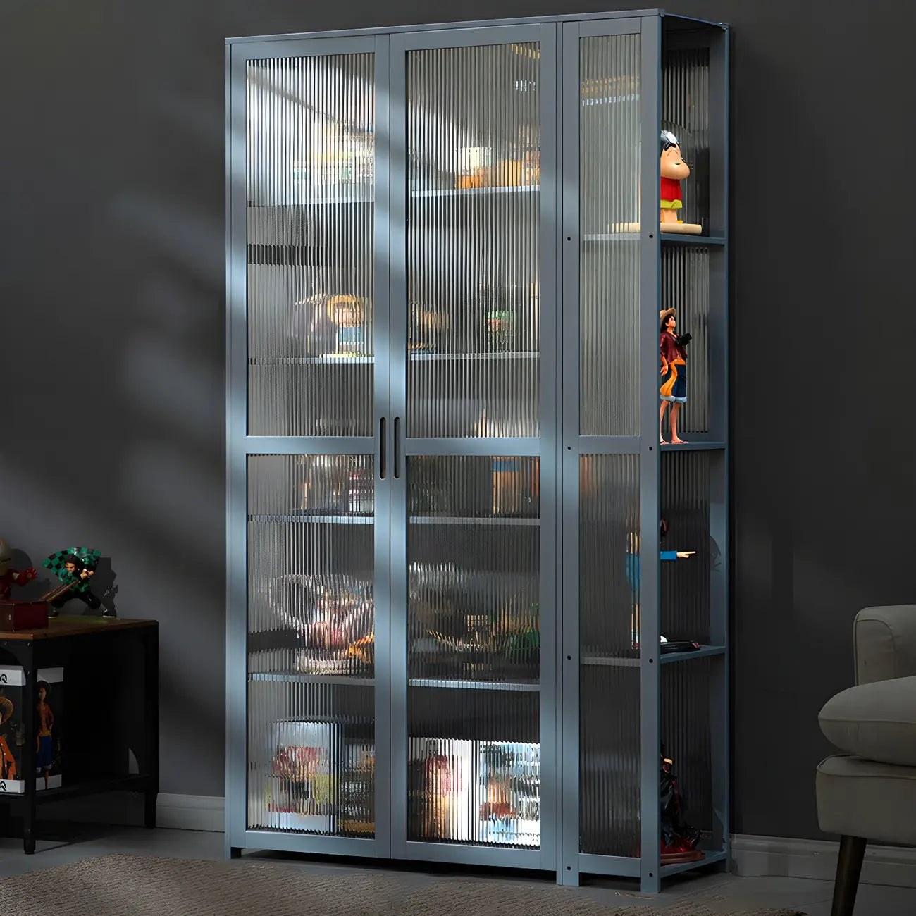 7 Shelves Tan Bamboo Glass Open Storage Display Cabinet