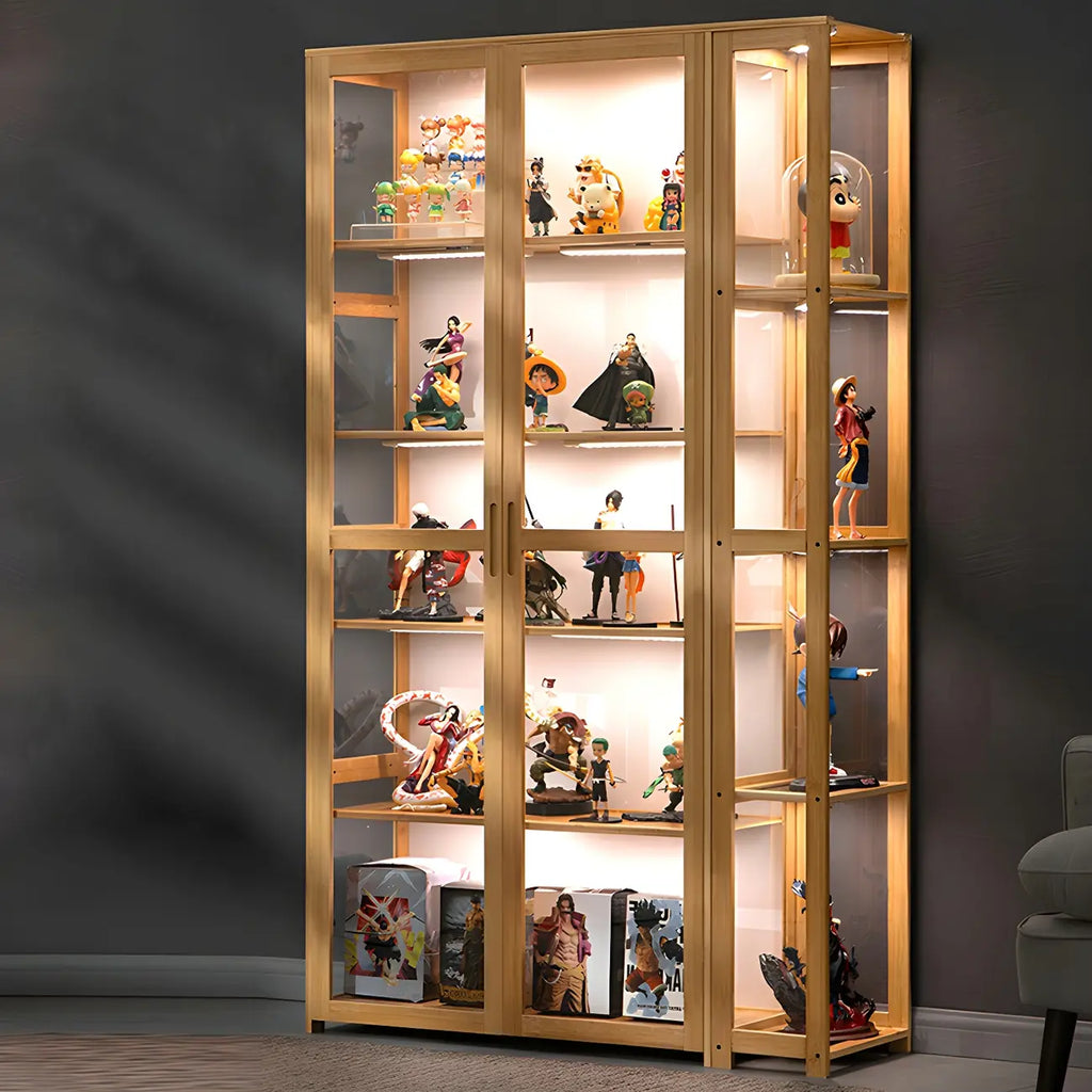 7 Shelves Tan Bamboo Glass Open Storage Display Cabinet