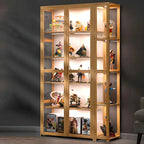 7 Shelves Tan Bamboo Glass Open Storage Display Cabinet