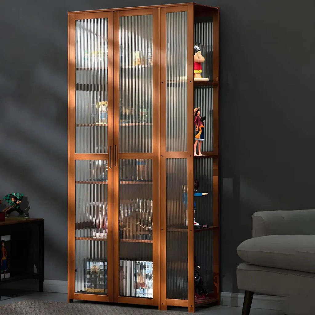 7 Shelves Tan Bamboo Glass Open Storage Display Cabinet