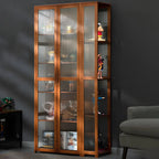 7 Shelves Tan Bamboo Glass Open Storage Display Cabinet